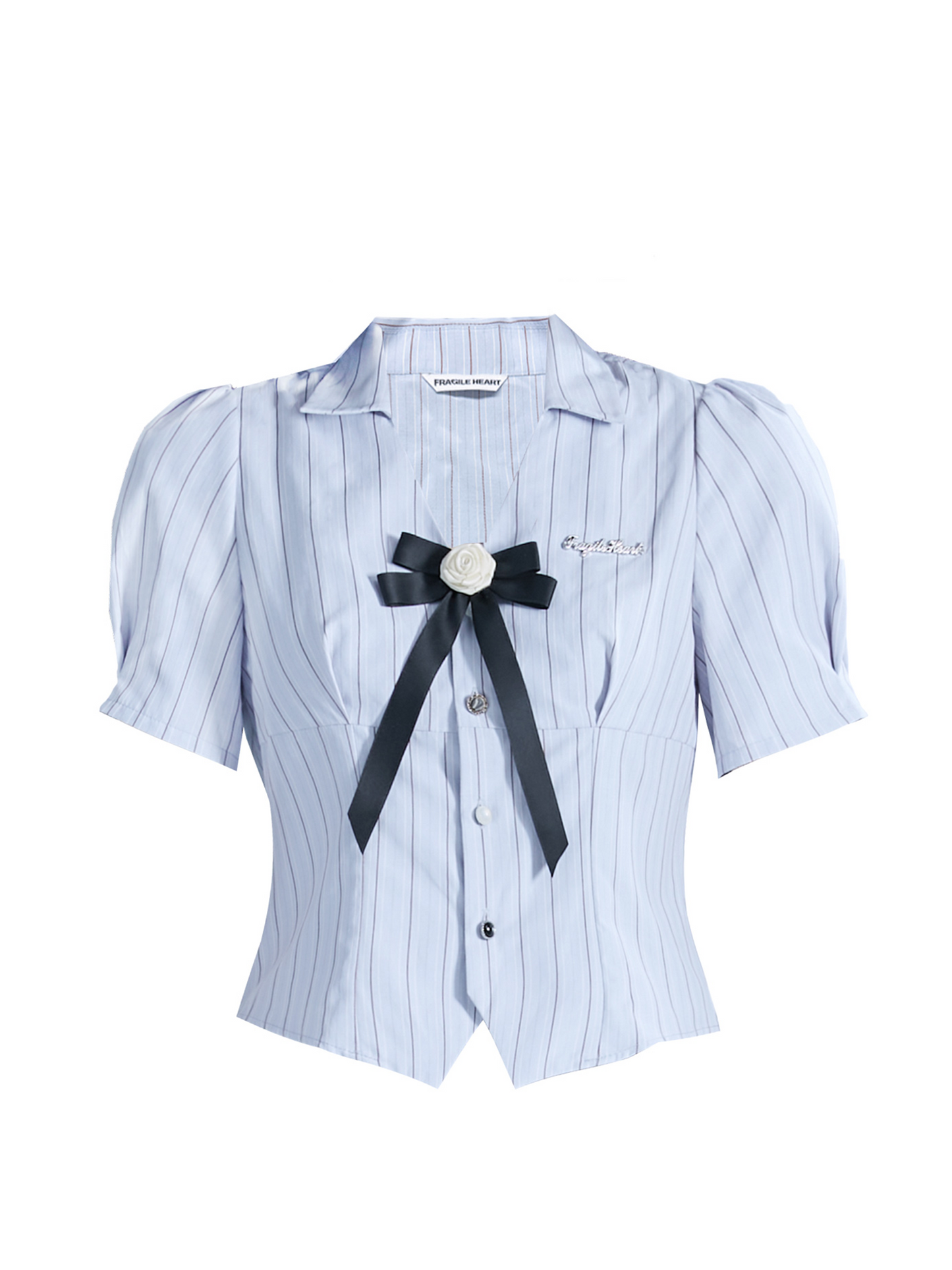 White Rose Motif Puff Sleeve Striped Blouse Pleated Short Skirt