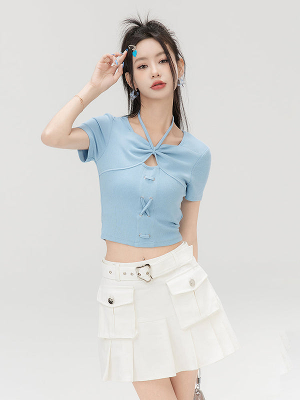 Strap Halter Neck Front Cross T-Shirt