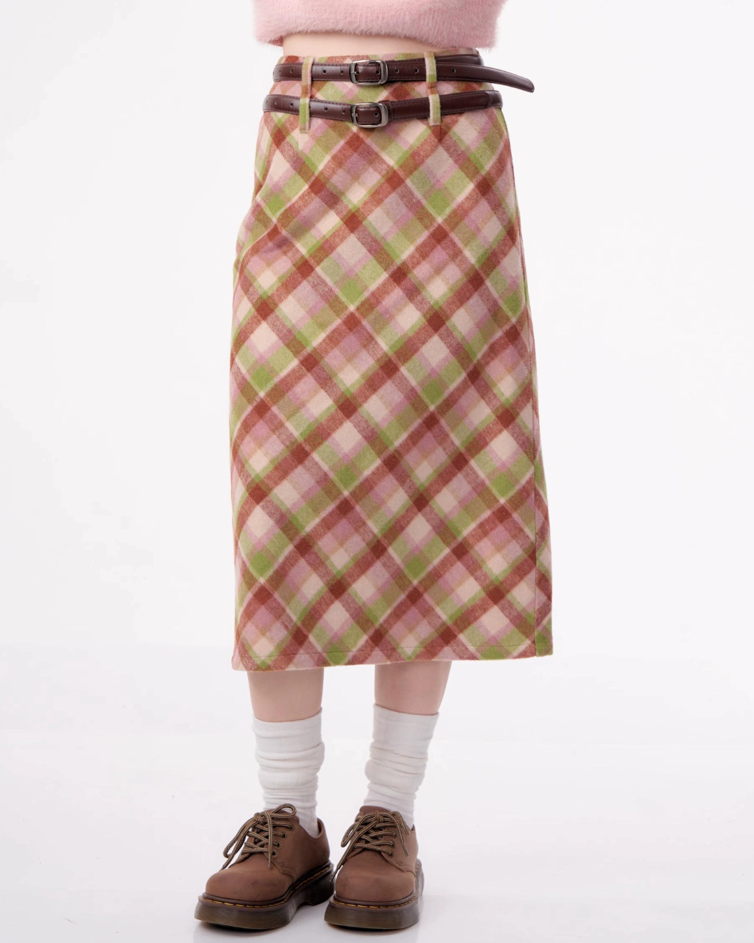 High Waist Plaid Wool Skirt