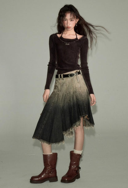 Gradient Color Asymmetry Denim Skirt