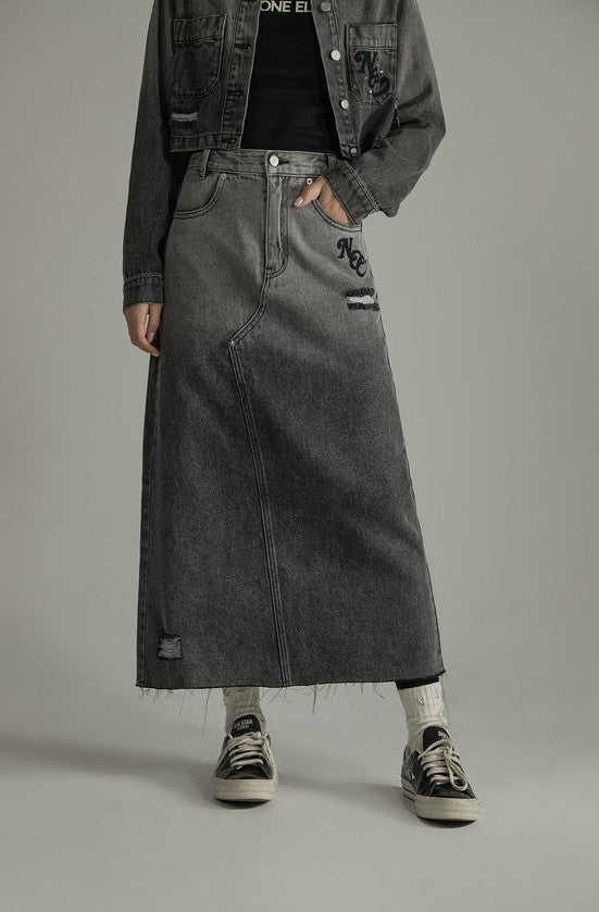 Gradient color slit denim long skirt