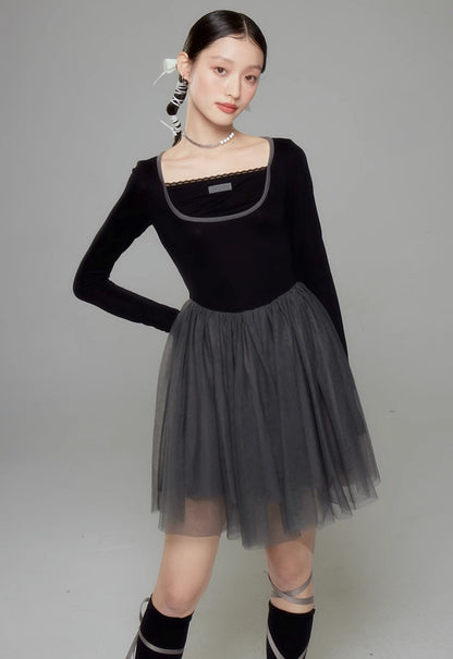 Sweet Ballet Square Neck Splicing Dress