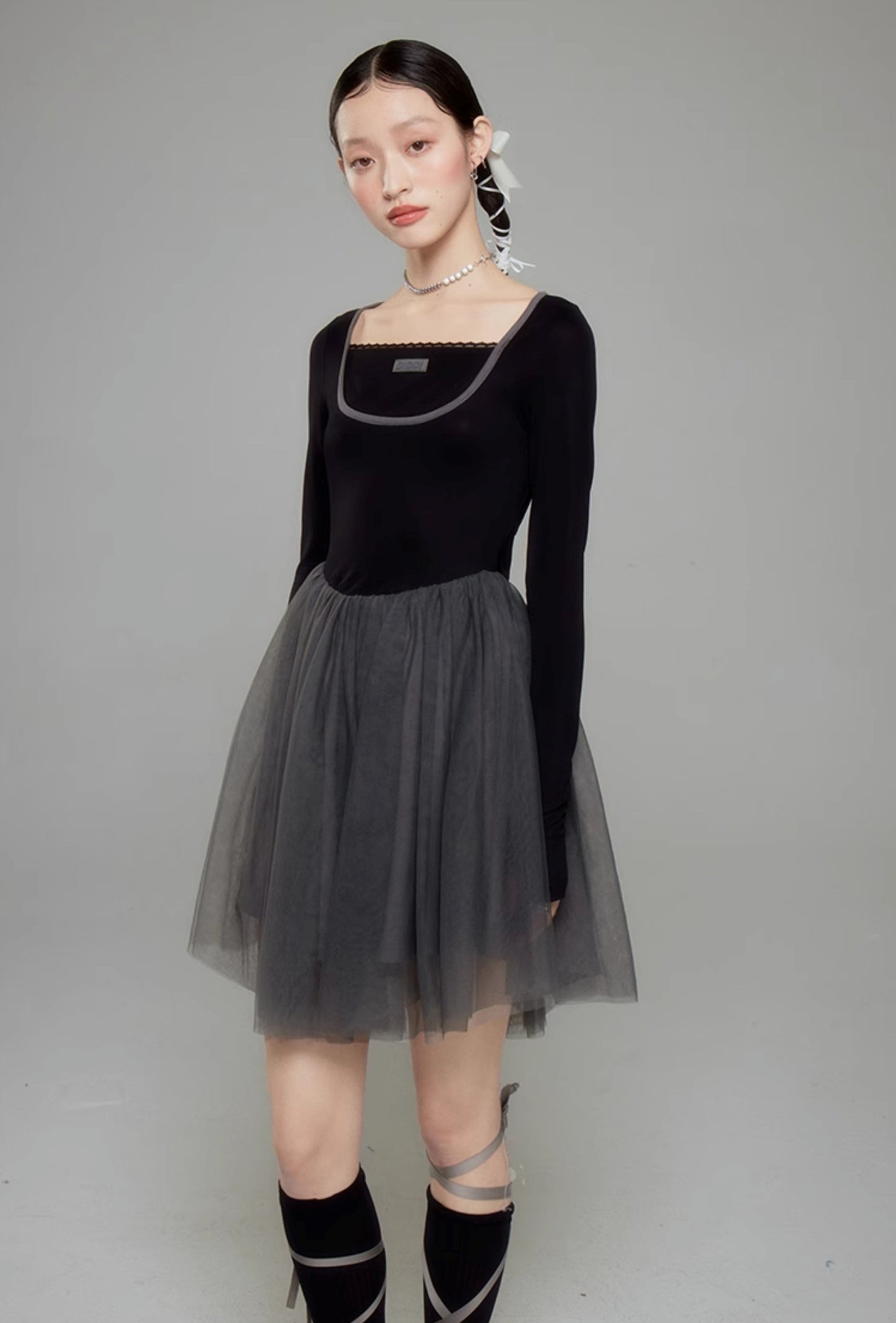 Sweet Ballet Square Neck Splicing Dress