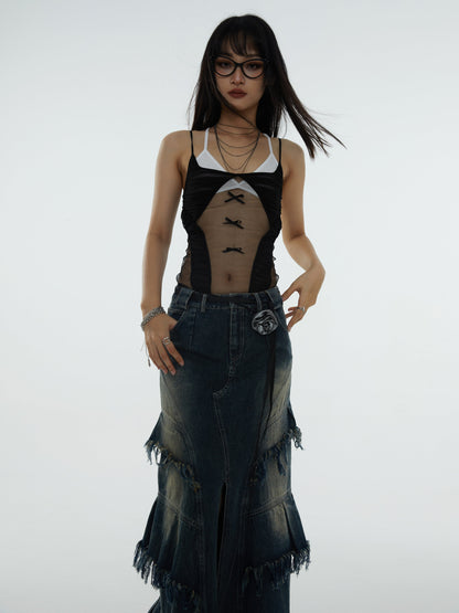 Tassel Design A-Line Denim Maxi Skirt