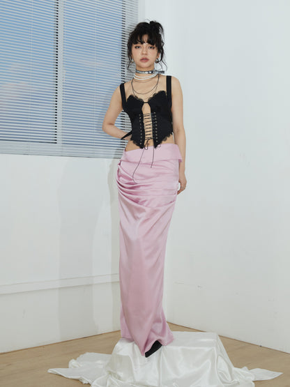 Roll-up waist design long slit skirt