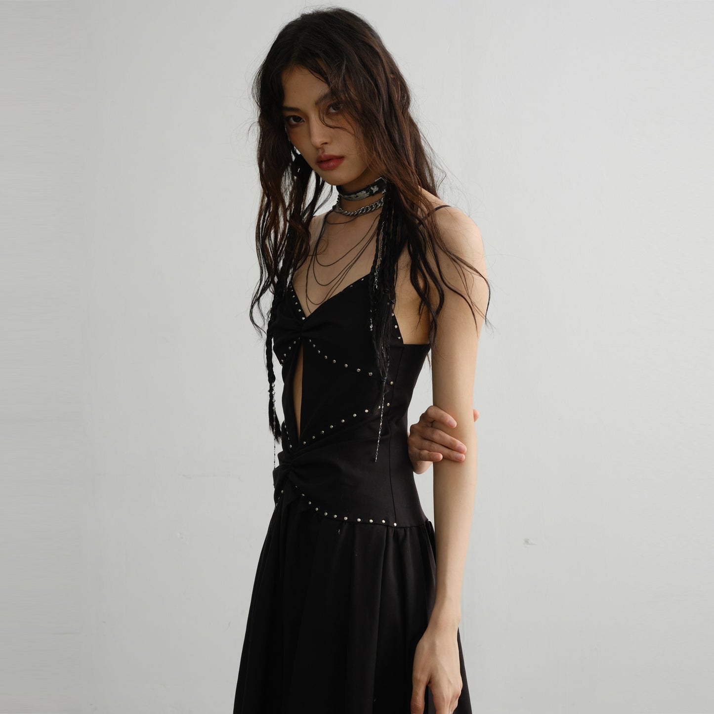 Punk Style Rivets Decorated Contrasting Lace Irregular Dress