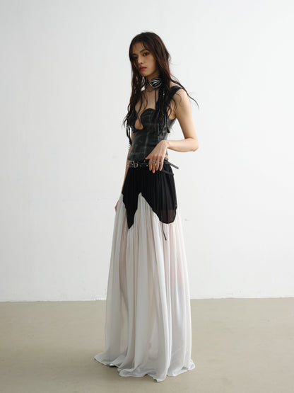 Contrast Stitching Rivet Decorative Belt Extra Long Chiffon Smocked Skirt