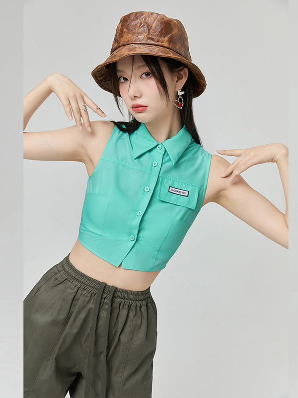 Short Slim Fit Collar Sleeveless Shirt Top