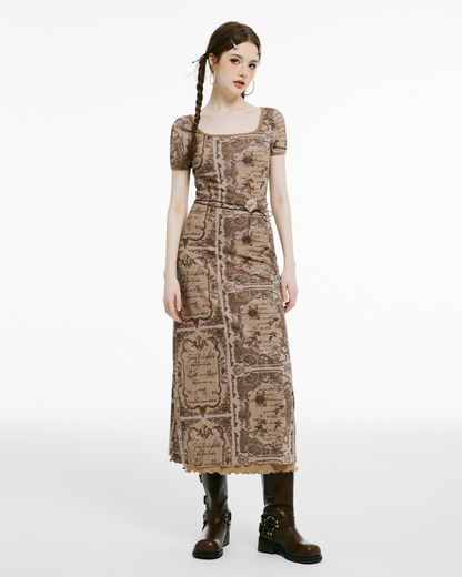 Brown Retro Printed Dress
