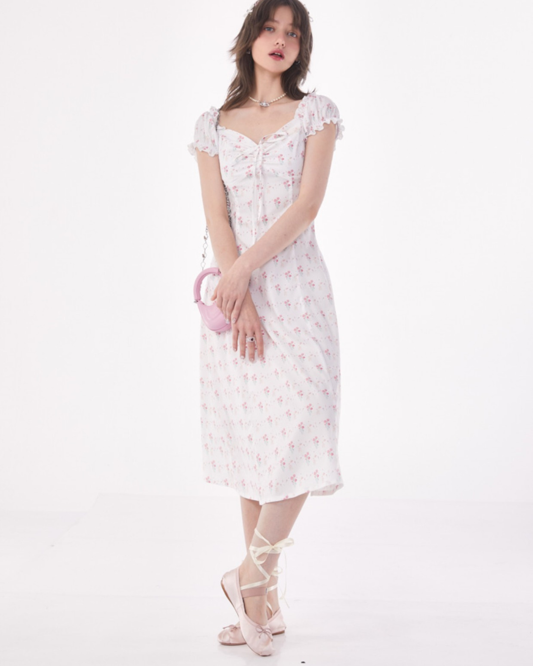 Rose Puff Sleeve Waist Slim Dress