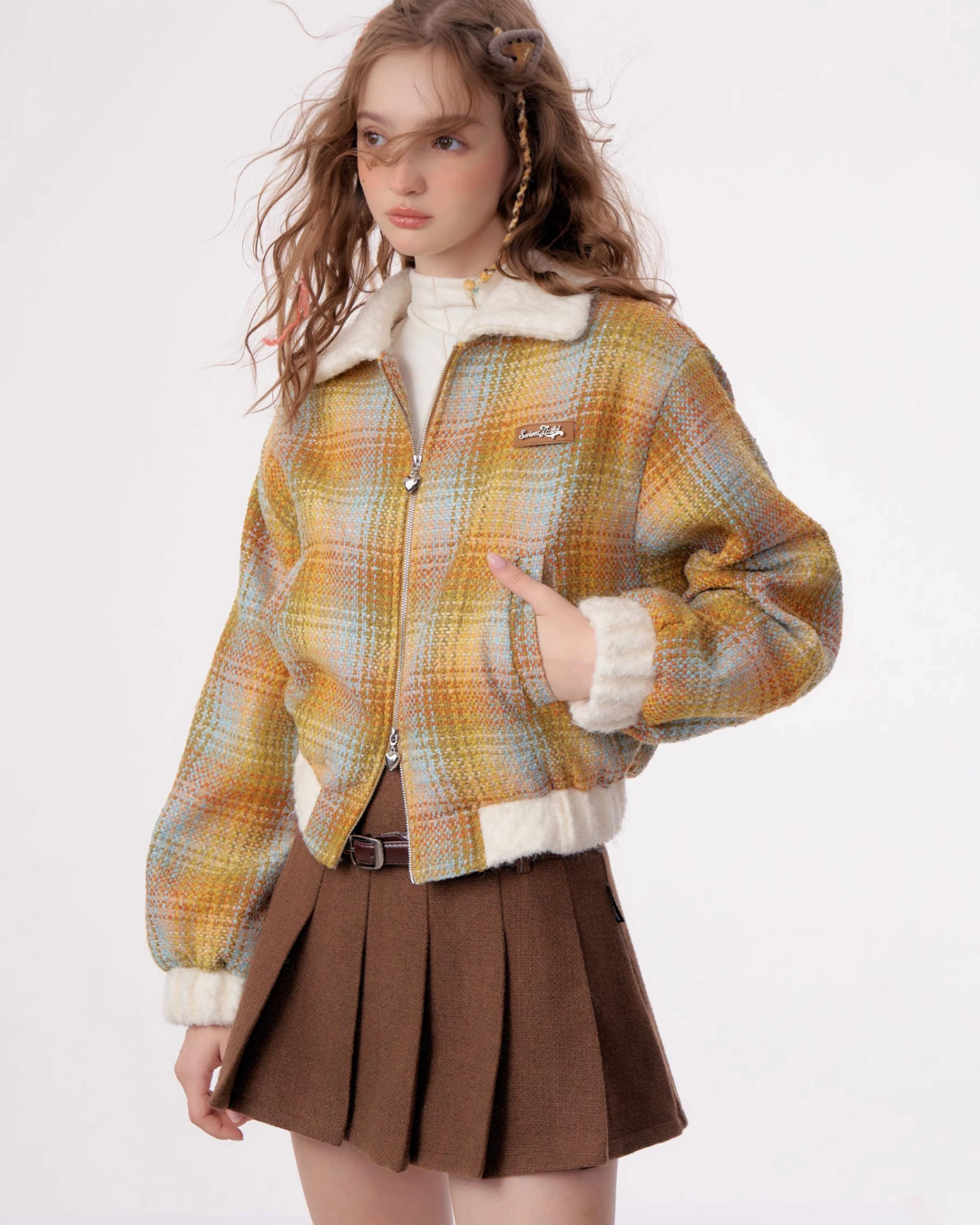 Plaid Velvet Short Fur Jacket