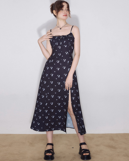 Slender Long Slit Black Sling Dress