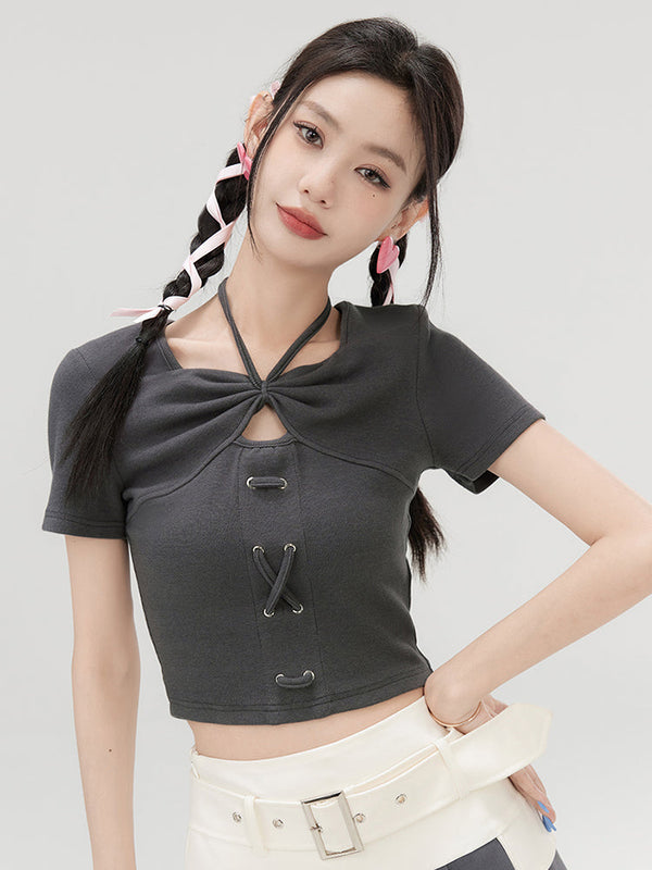 Strap Halter Neck Front Cross T-Shirt