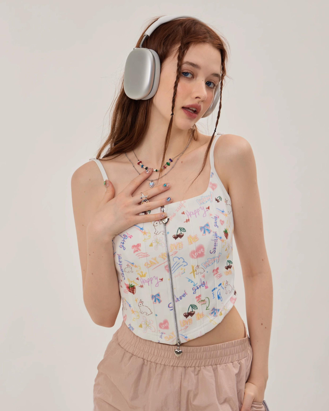 Graffiti Printed Zip Rib Camisole