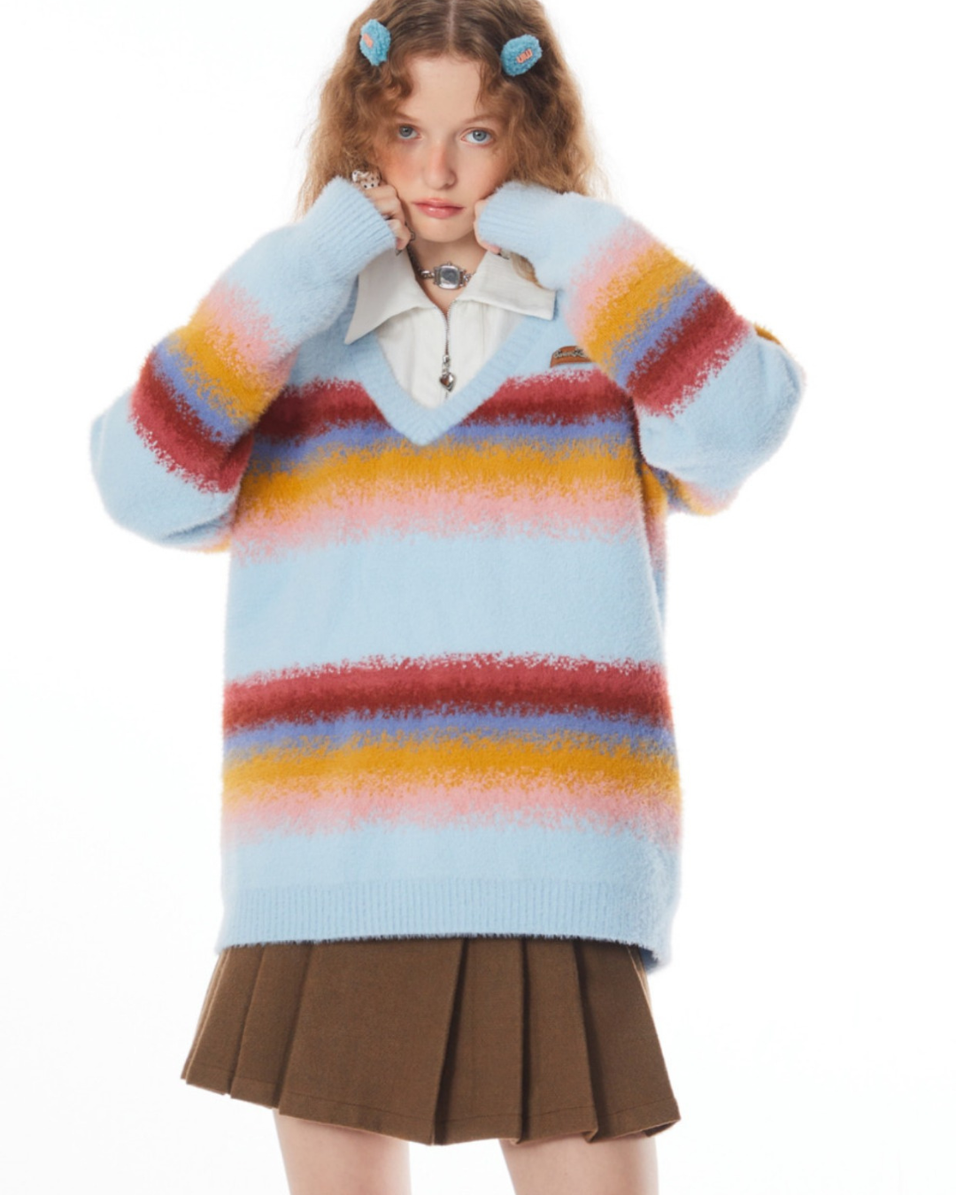 Stitching Rainbow stripes V-neck Sweater