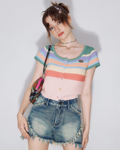 Colorful Border Knit Short Sleeve Cardigan