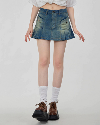 Pleated Denim Mini Skirt