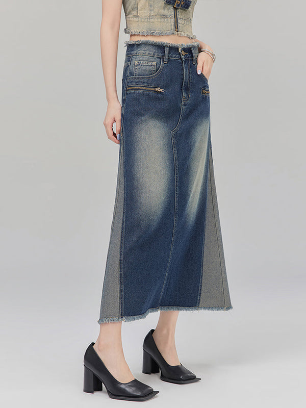 Bicolor A-line denim skirt