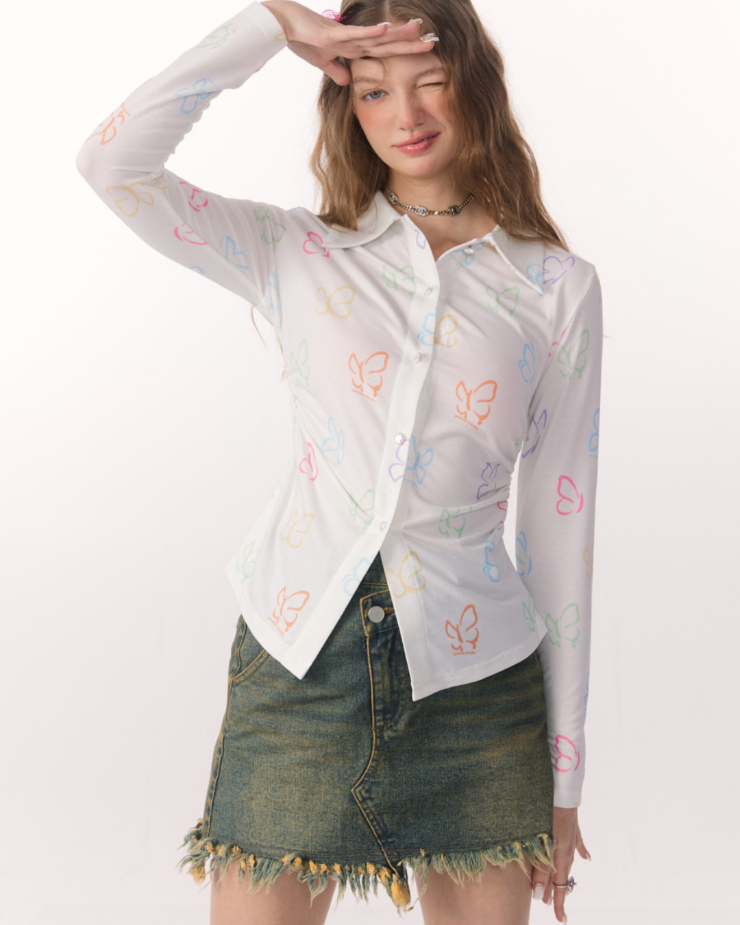 Butterfly Long Sleeve White Shirt