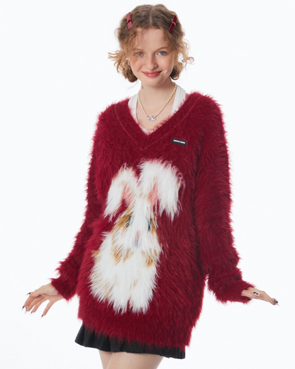 Red Advanced Rabbit V-neck Sweater