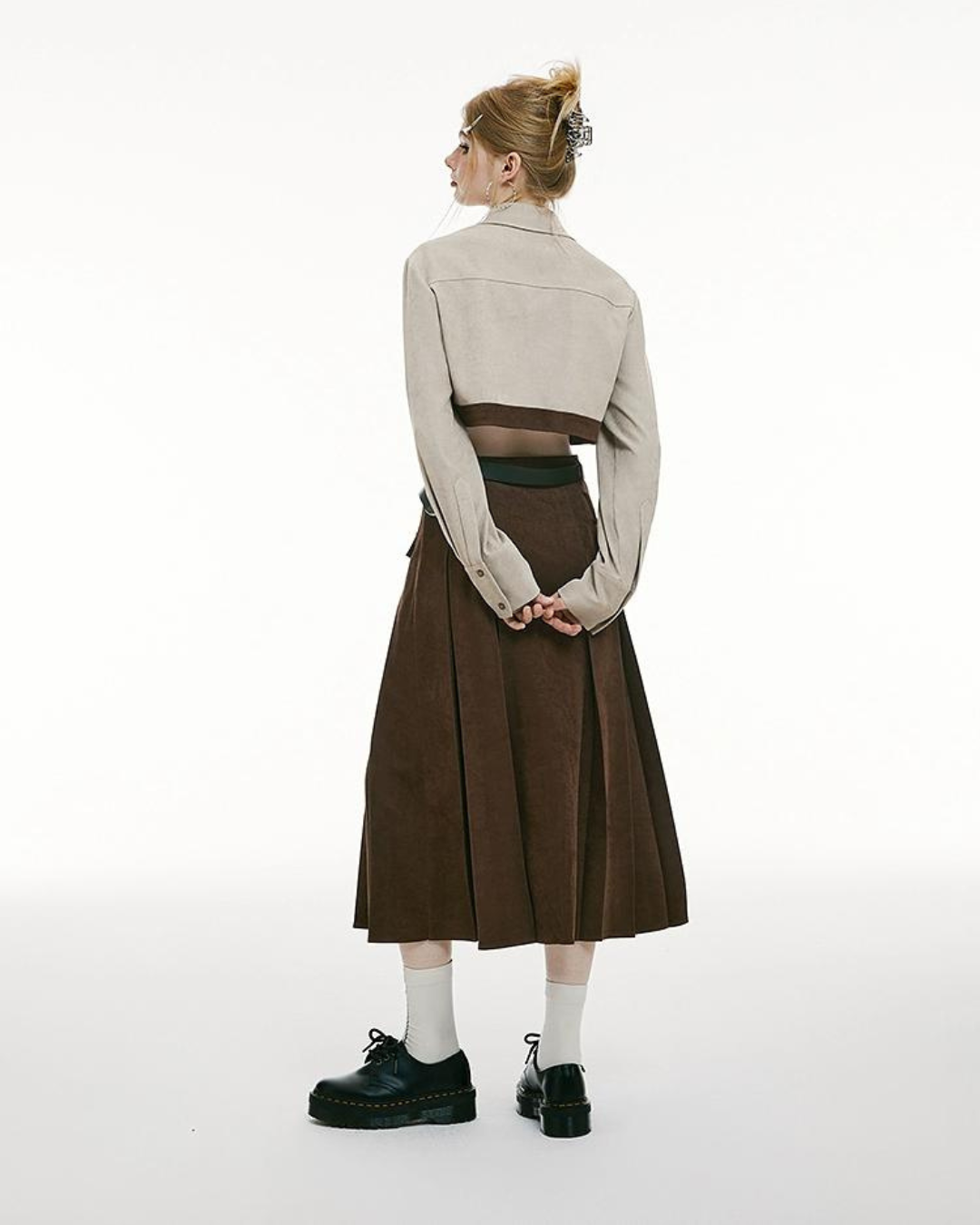 Short High Waisted Shirt＆Pleated Long Skirt