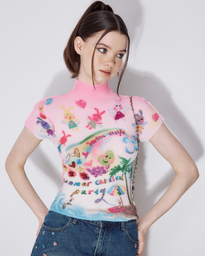 Animal Handwritten Vivid Mock Neck T-Shirt