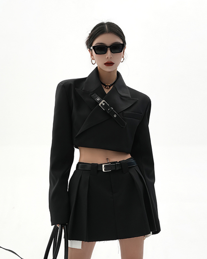 Cropped Belt Jacket & Pleated Skirt