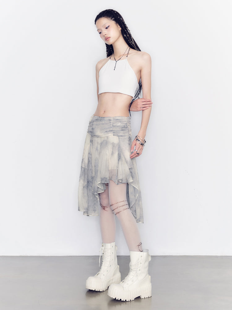 Tie-dye see-through top & ruffle skirt set-up