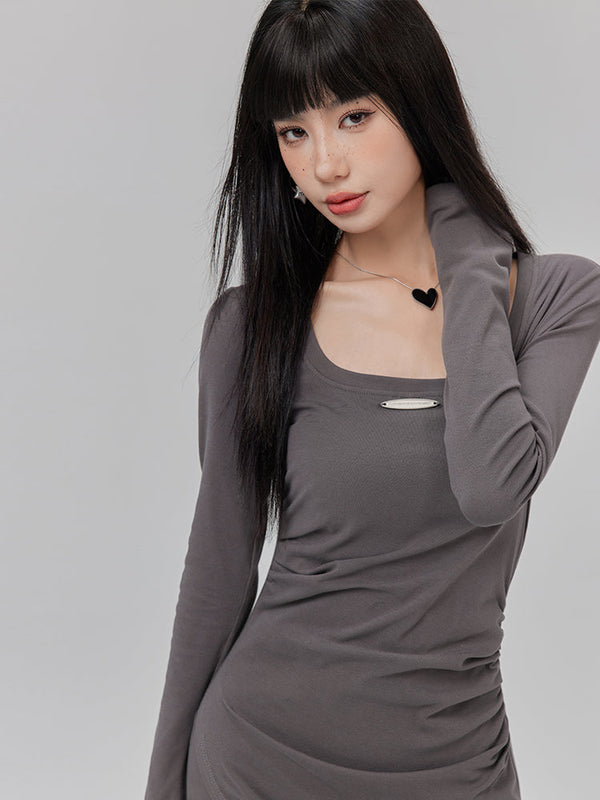 Slit Shirring Slim Dress