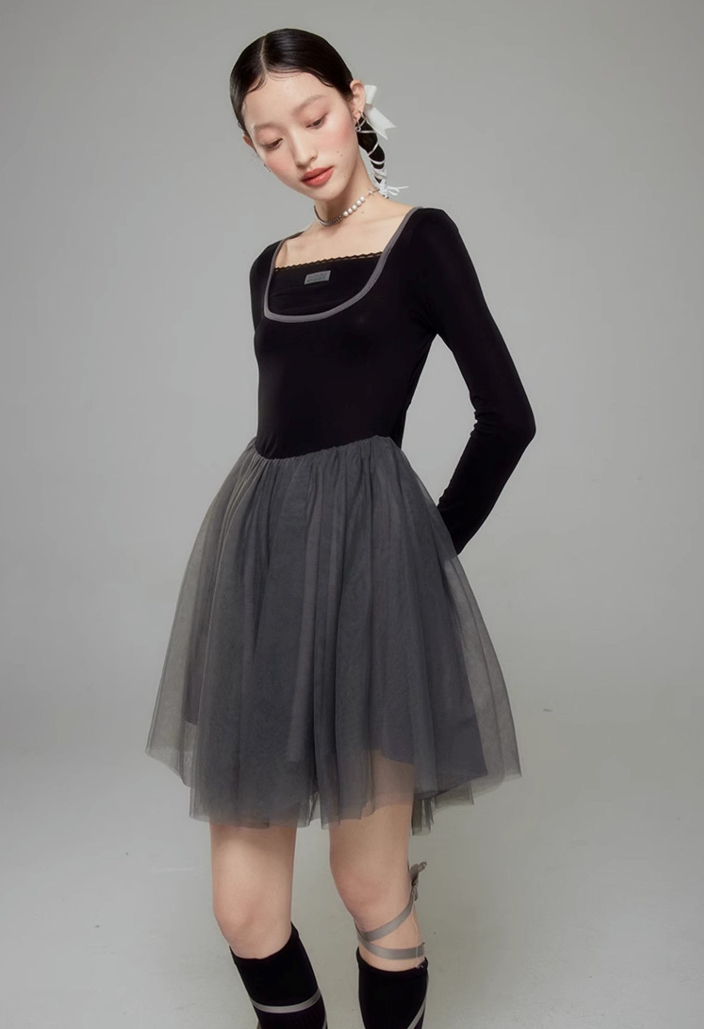 Sweet Ballet Square Neck Splicing Dress