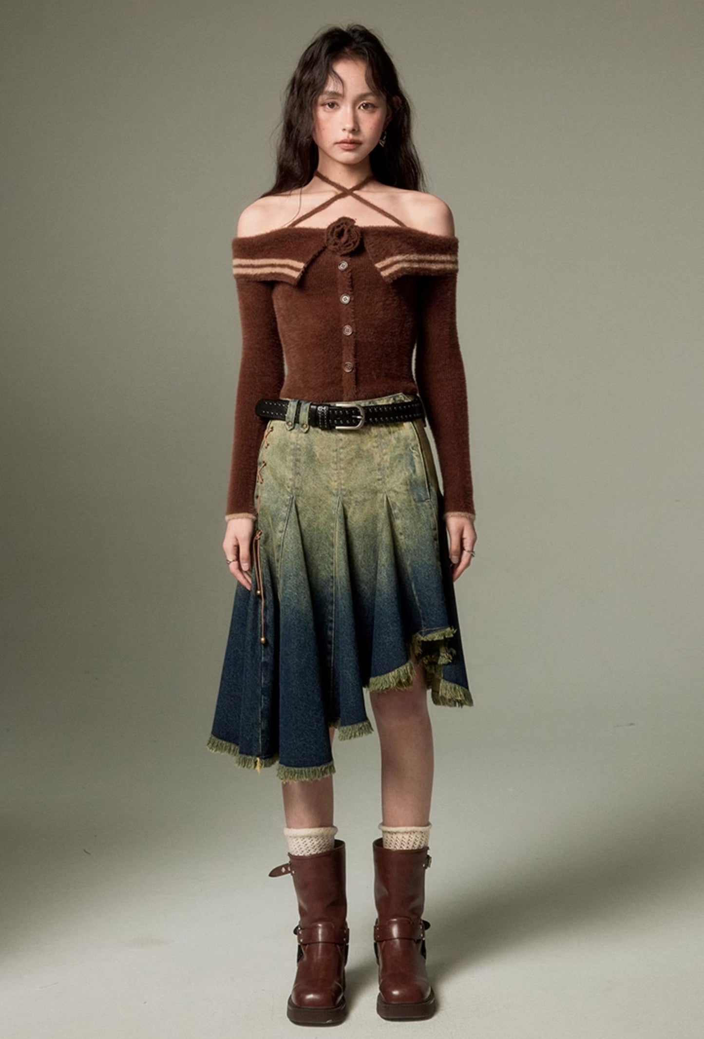 Gradient Color Asymmetry Denim Skirt
