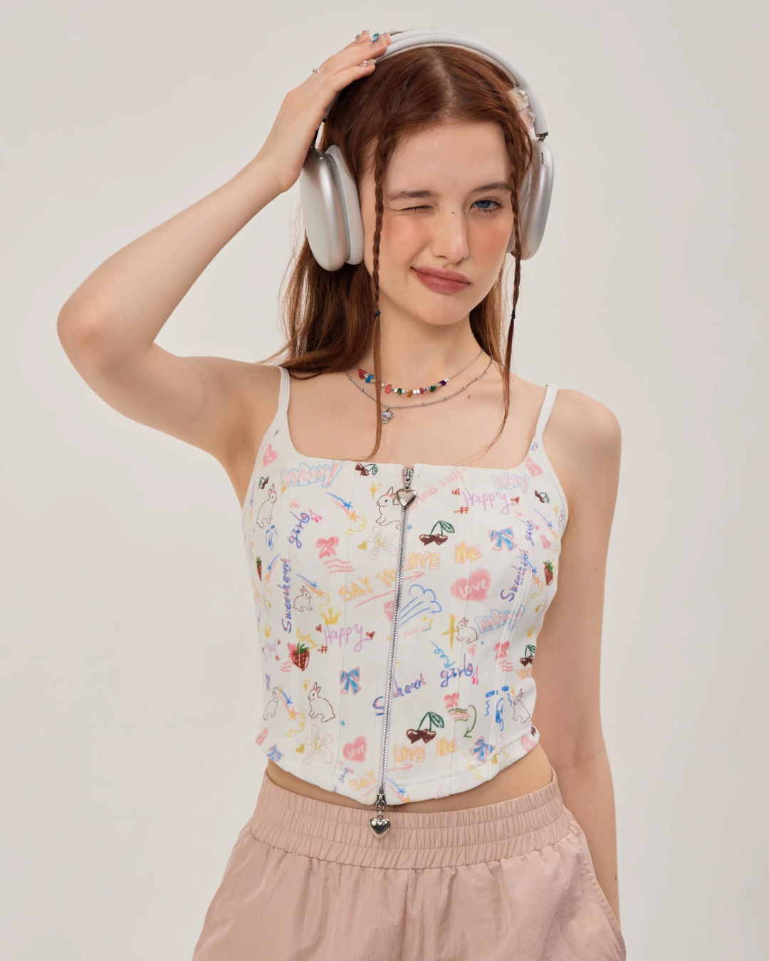 Graffiti Printed Zip Rib Camisole