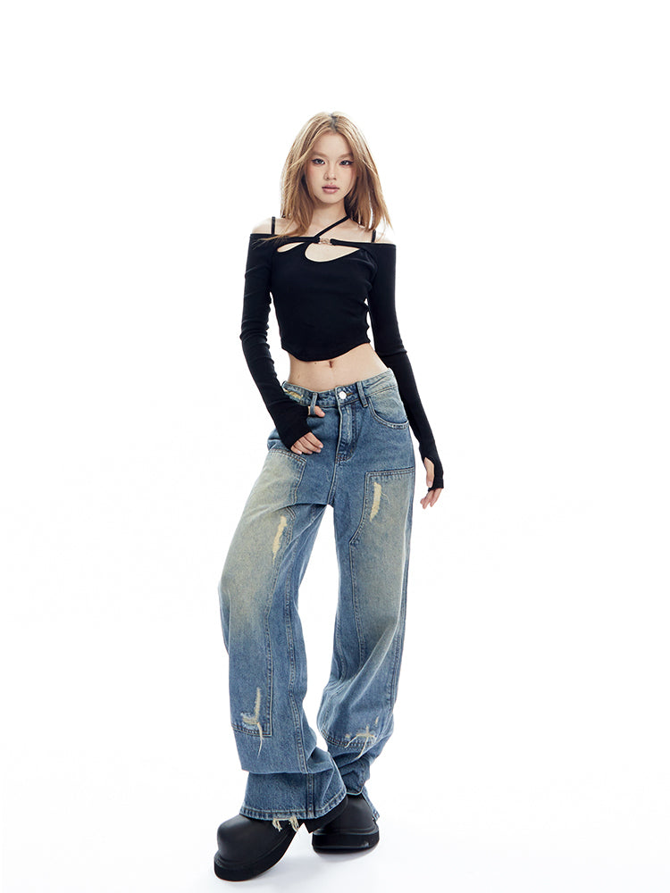 Cross-strap design slim top and wide denim pants