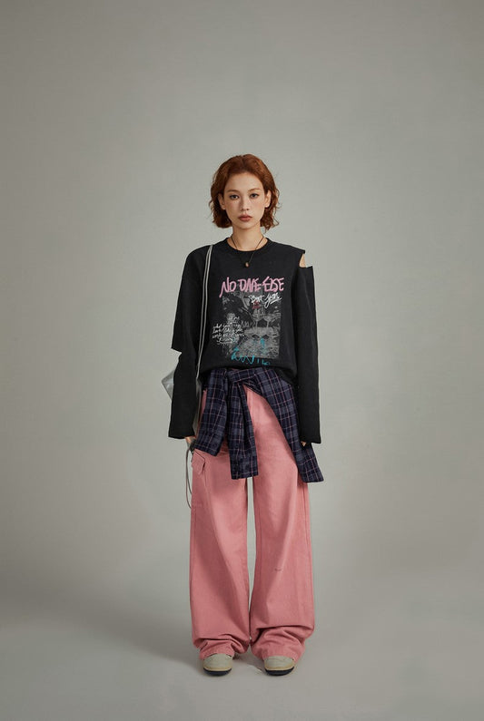 Letter Printed Hollow Loose Long Sleeve T-Shirt