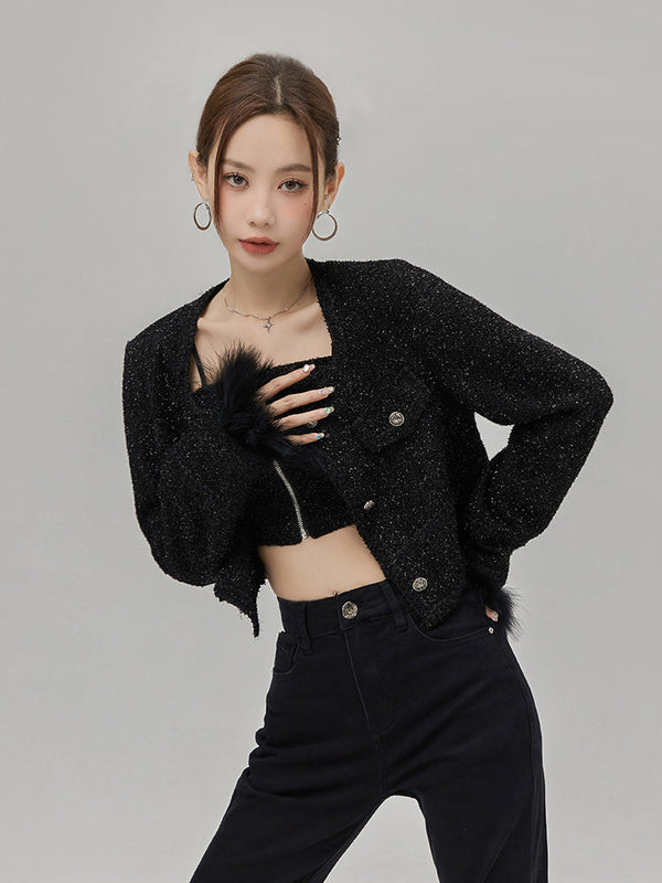 Fur Sleeveless Lame Jacket & Short Inner Tops Set
