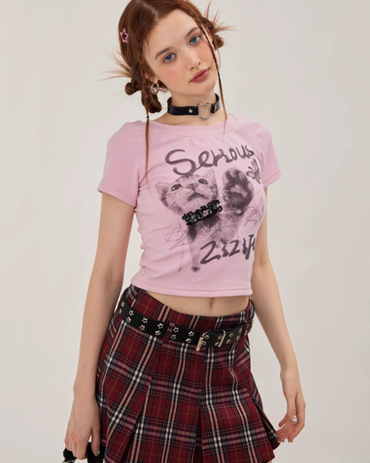 Slim Short Cat Print Round Neck T-Shirt