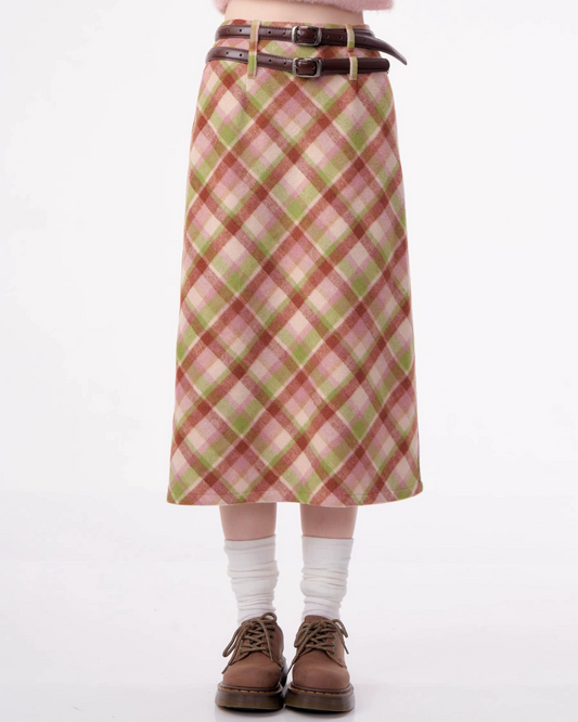 High Waist Plaid Wool Skirt