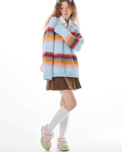 Stitching Rainbow stripes V-neck Sweater