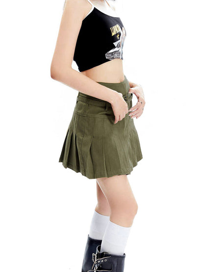 Double Belt Pleated Miniskirt