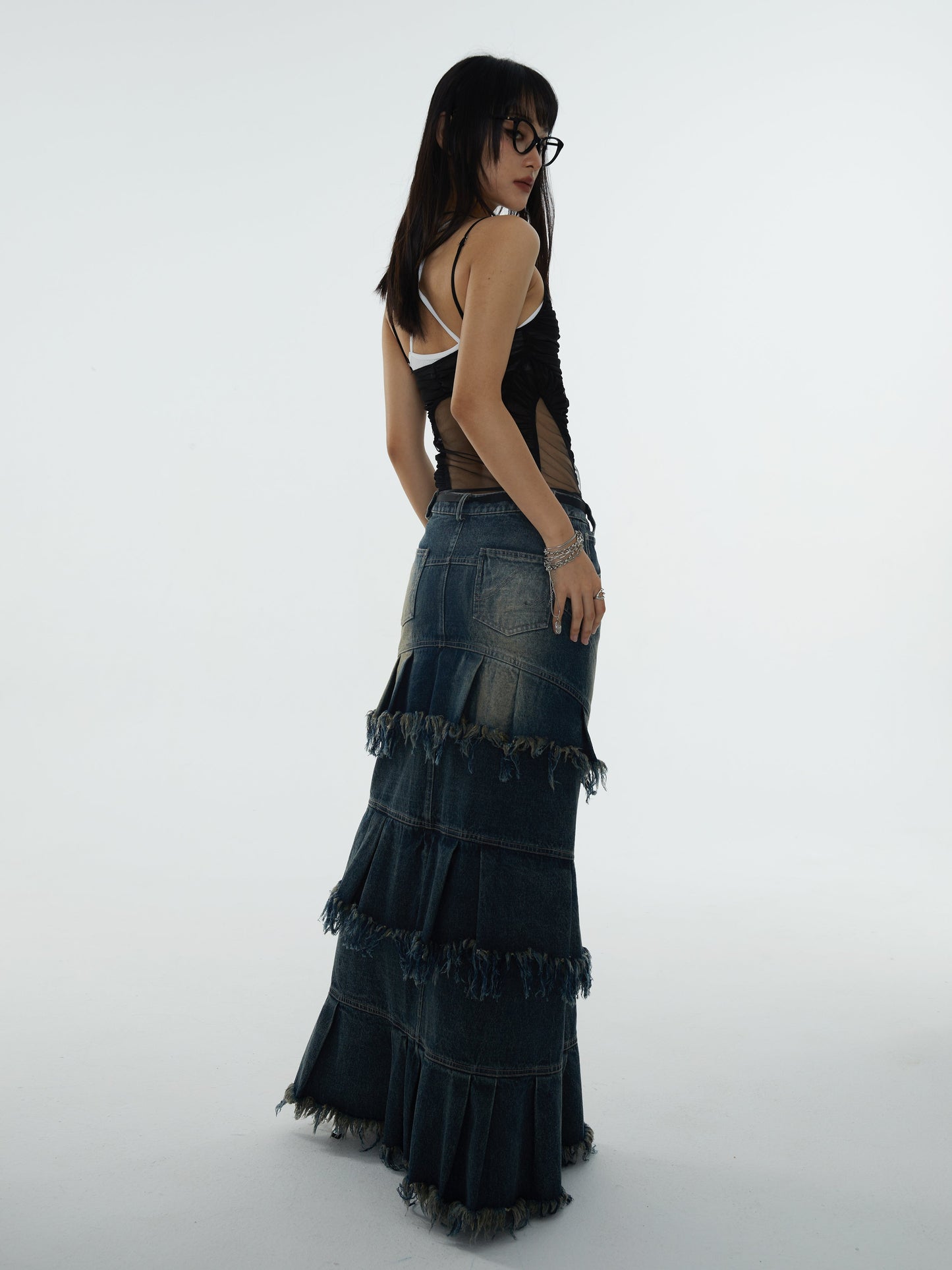 Tassel Design A-Line Denim Maxi Skirt