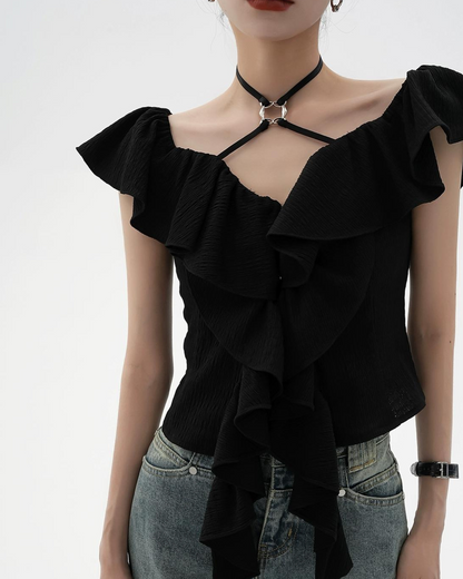 Ruffled Neck Sleeveless Shirt