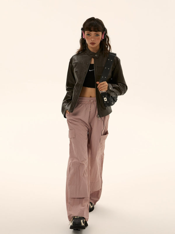 Elastic Waist Pocket Work Loose Pants