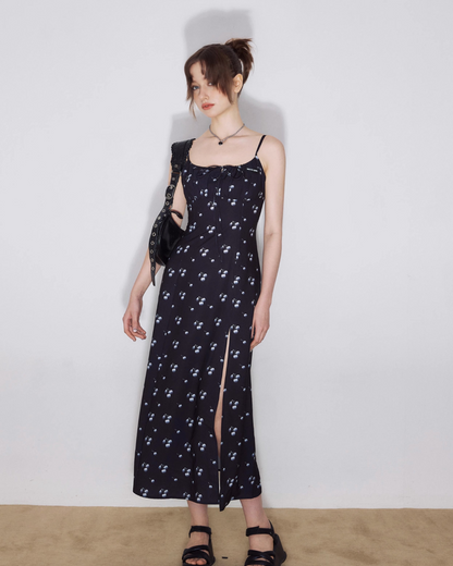 Slender Long Slit Black Sling Dress