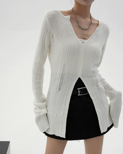 V-Neck Slim Front Twin Long Sleeve Knit