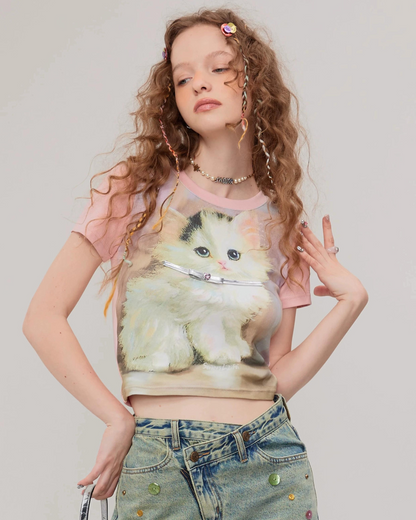 Retro Pink Cat Short Sleeve T-Shirt