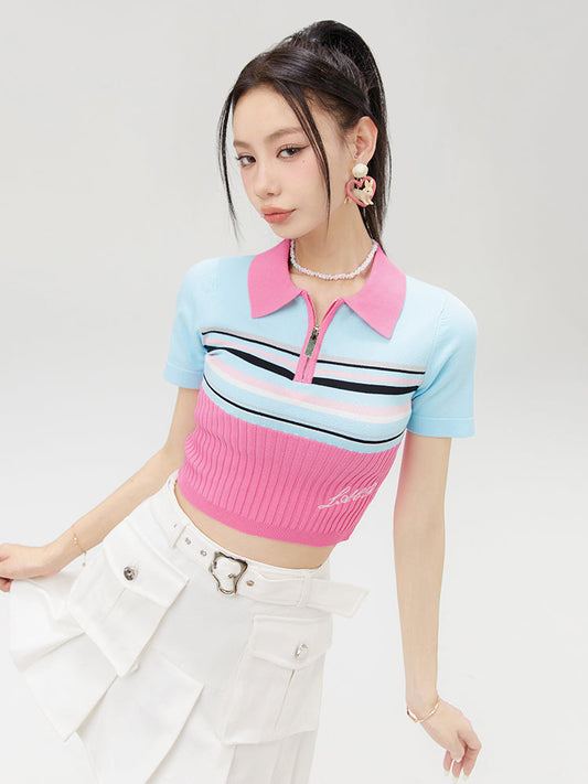 Contrast Color Striped Knit Shirt Top