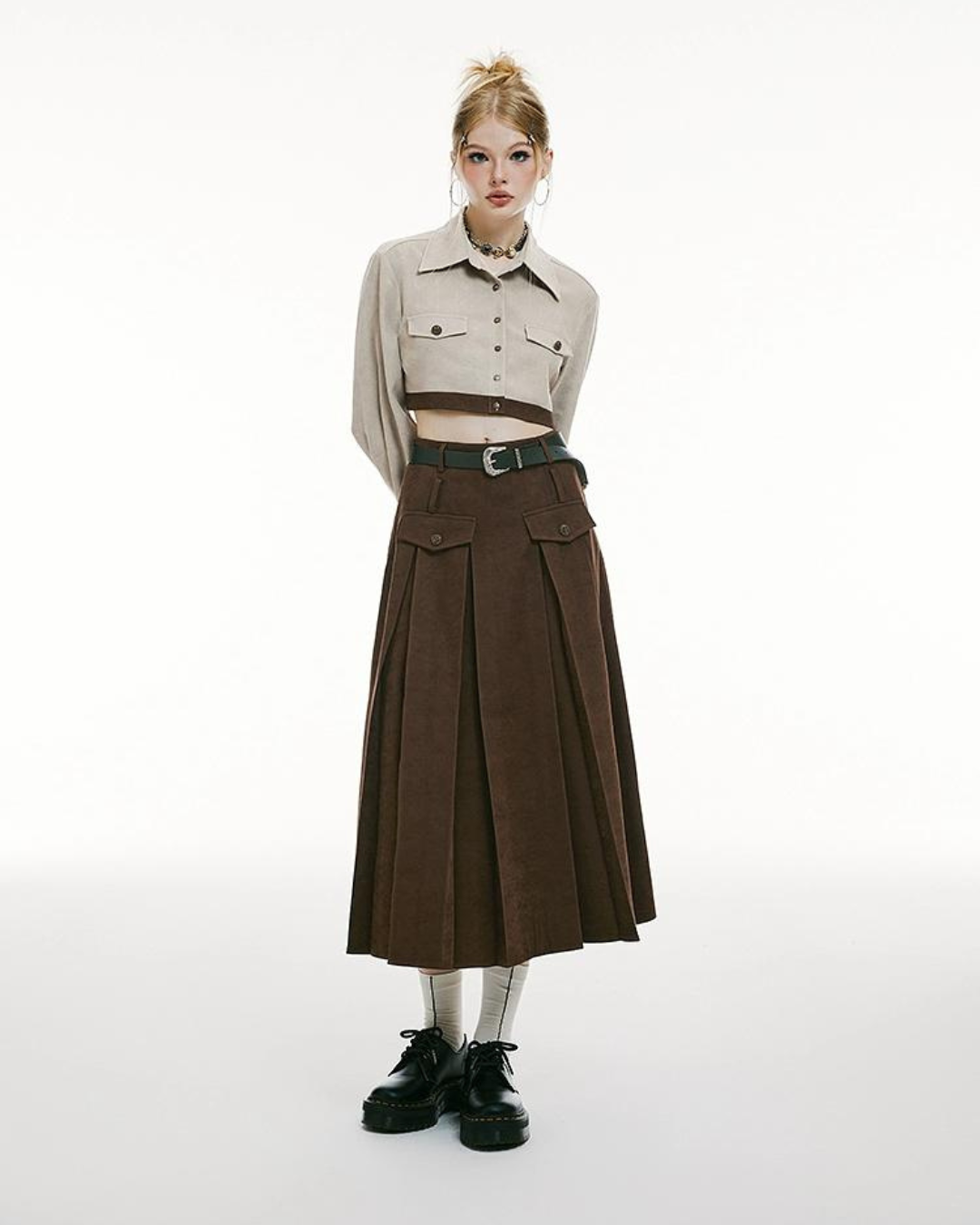 Short High Waisted Shirt＆Pleated Long Skirt