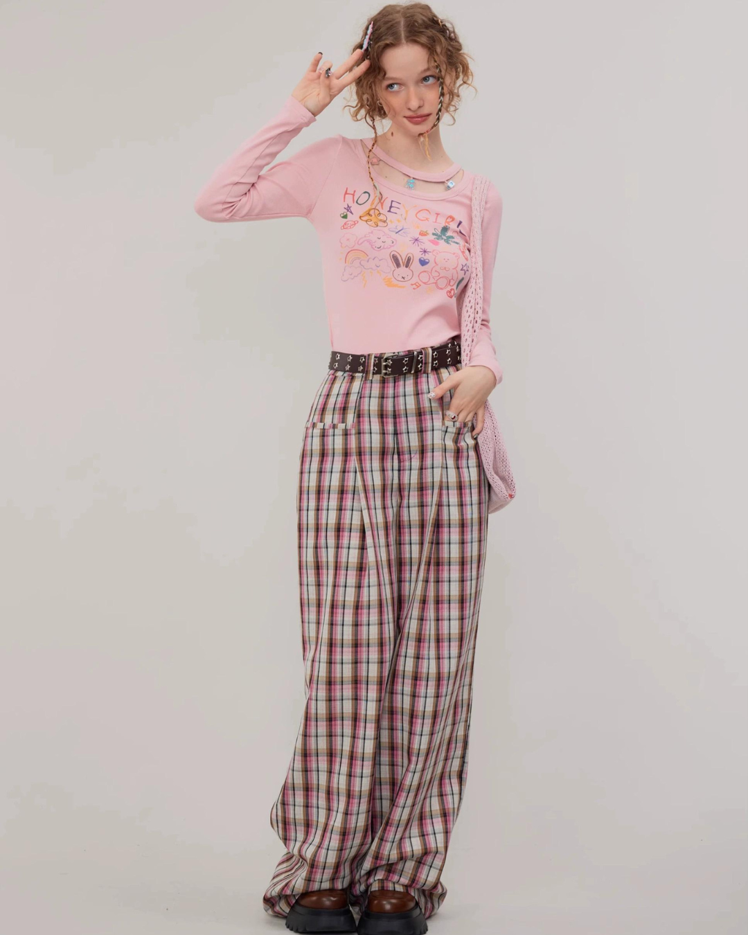 American Pink Plaid Casual Pants