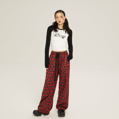 High Waist Loose Casual Check Pants