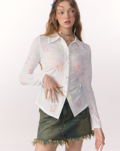 Butterfly Long Sleeve White Shirt